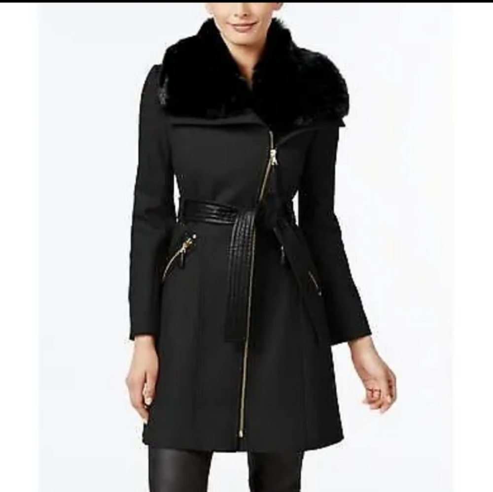 Via Spiga Wool Blend Faux Fur Faux Leather A Symmetrical Pea Coat Luxury #100